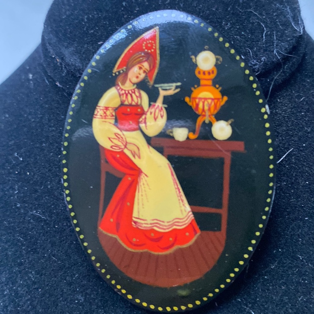 Unique Vintage Russian Hand Painted Black Lacquer Brooch